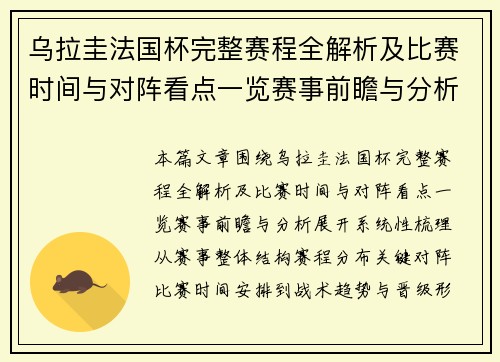 乌拉圭法国杯完整赛程全解析及比赛时间与对阵看点一览赛事前瞻与分析